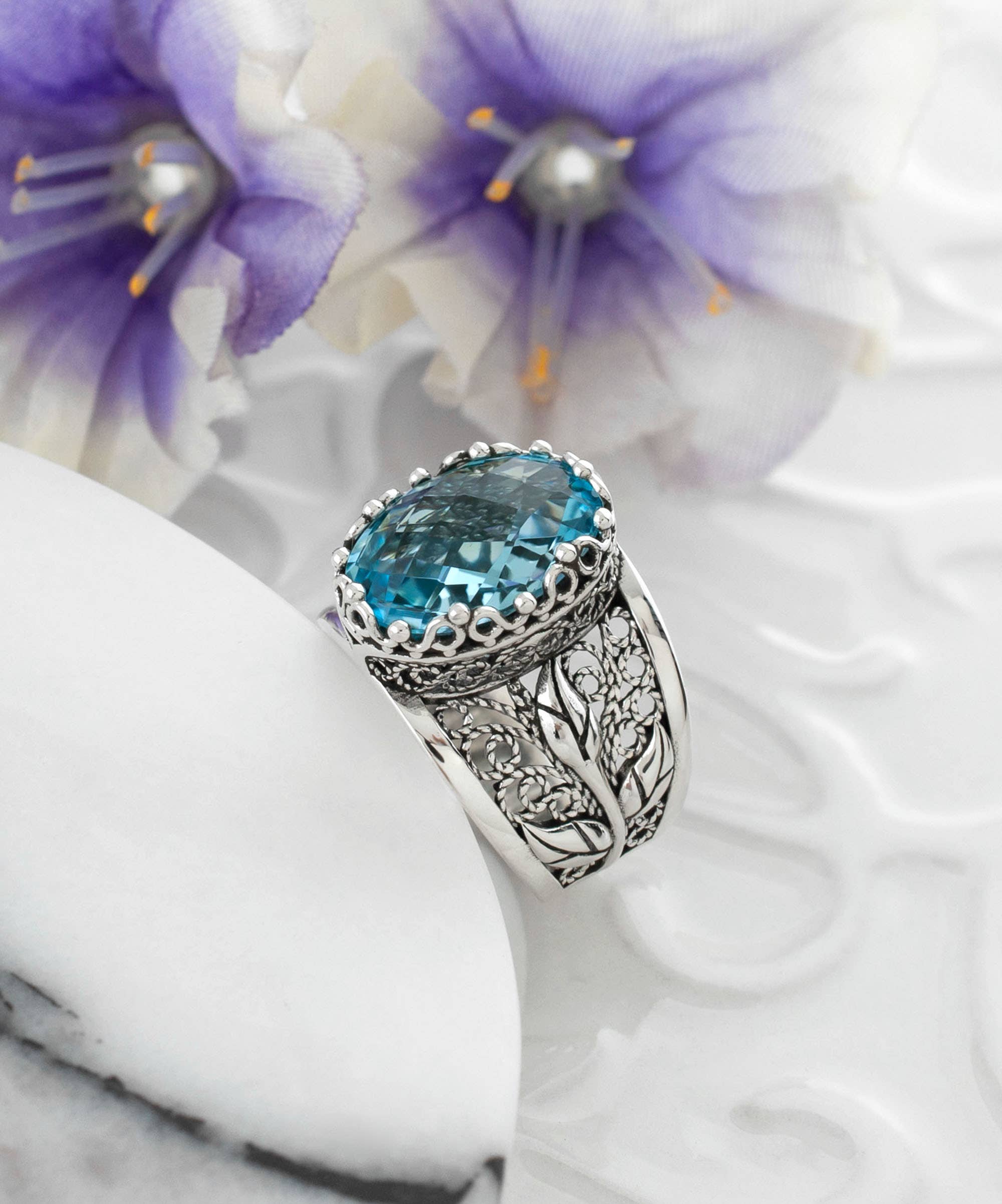 Filigree Art Blue Topaz Gemstone Tulip Detailed Women Sterling Silver Statement Ring: Blue Topaz / 7