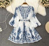 Blue M women's regular dress bohemian v neck printing button long sleeve flower knee-length holiday daily