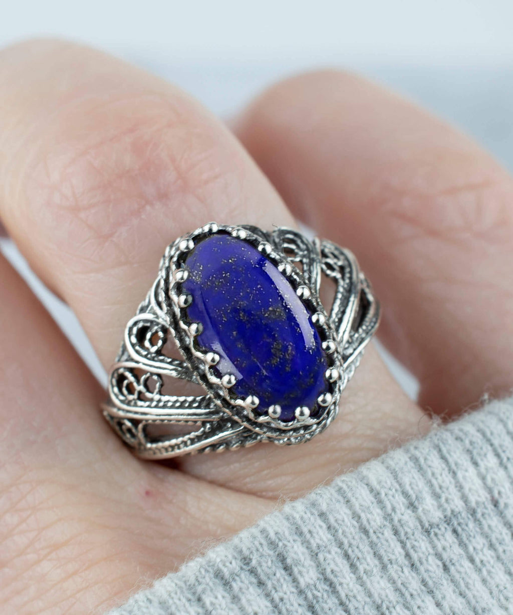 Art Lapis Lazuli Gemstone Angel Wings Women Silver Ring: 7