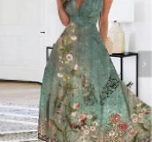 Peacock Blue L women's swing dress casual v neck printing sleeveless flower maxi long dress daily street