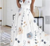 Yellow Flower L women's swing dress casual v neck printing sleeveless flower maxi long dress daily street