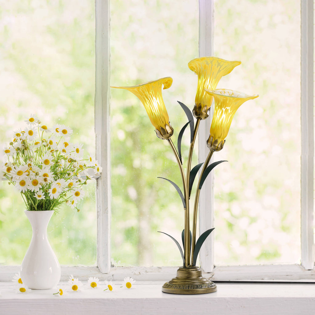 23.5" 3-Light Yellow Handblown Glass Calla Lily Table Lamp