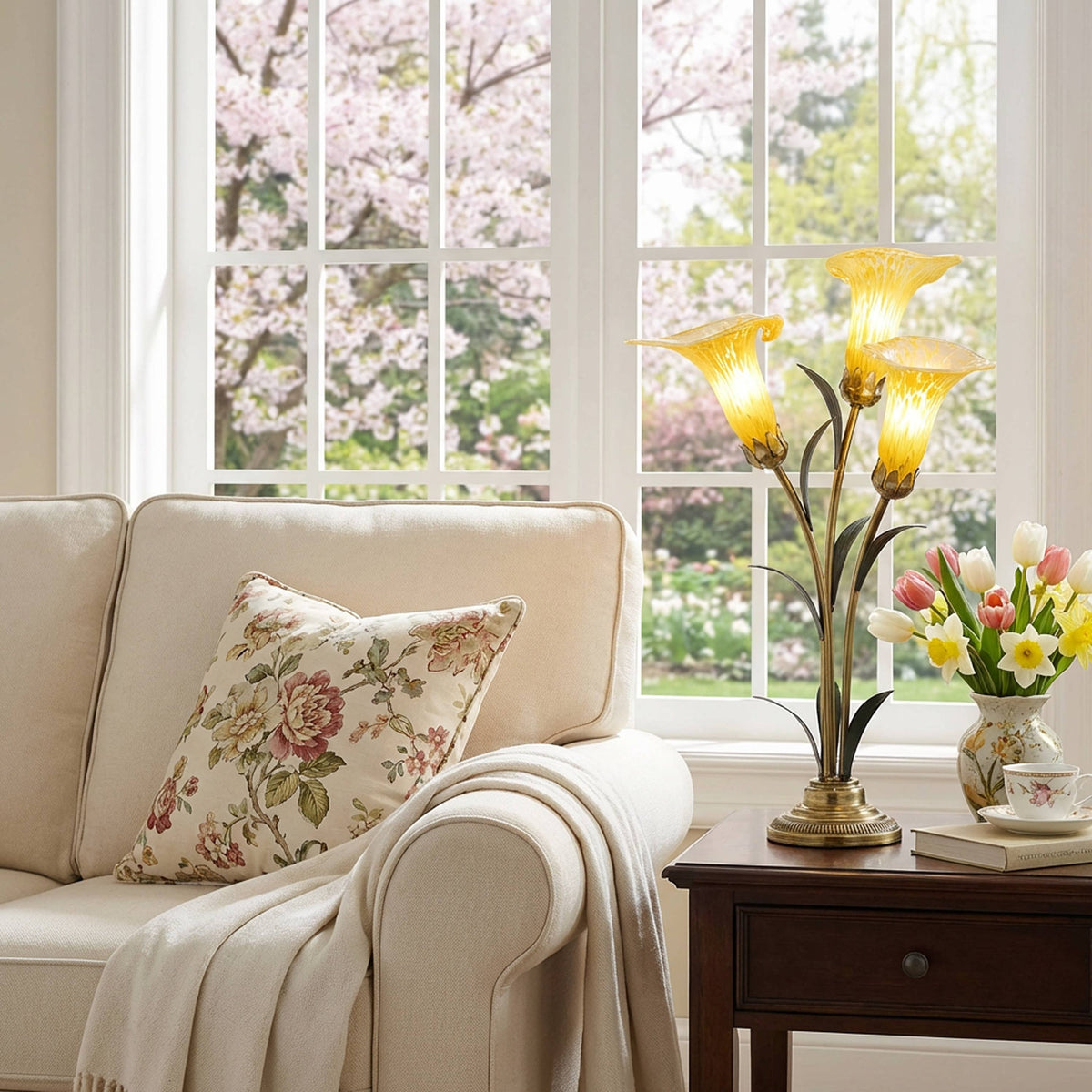 23.5" 3-Light Yellow Handblown Glass Calla Lily Table Lamp