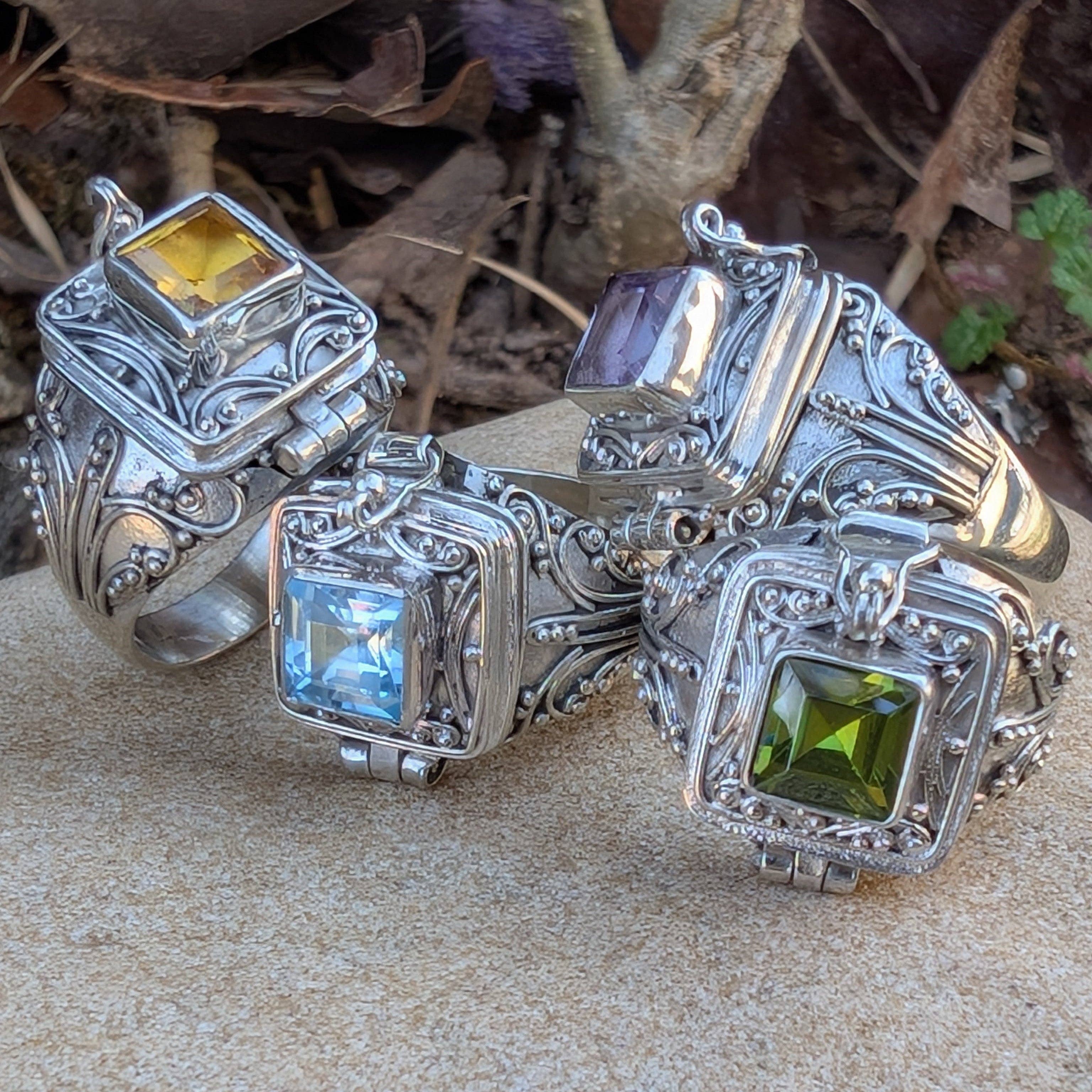Midnight Elixir - Square Poison Locket Box Sterling Silver Ring: Blue Topaz / 7