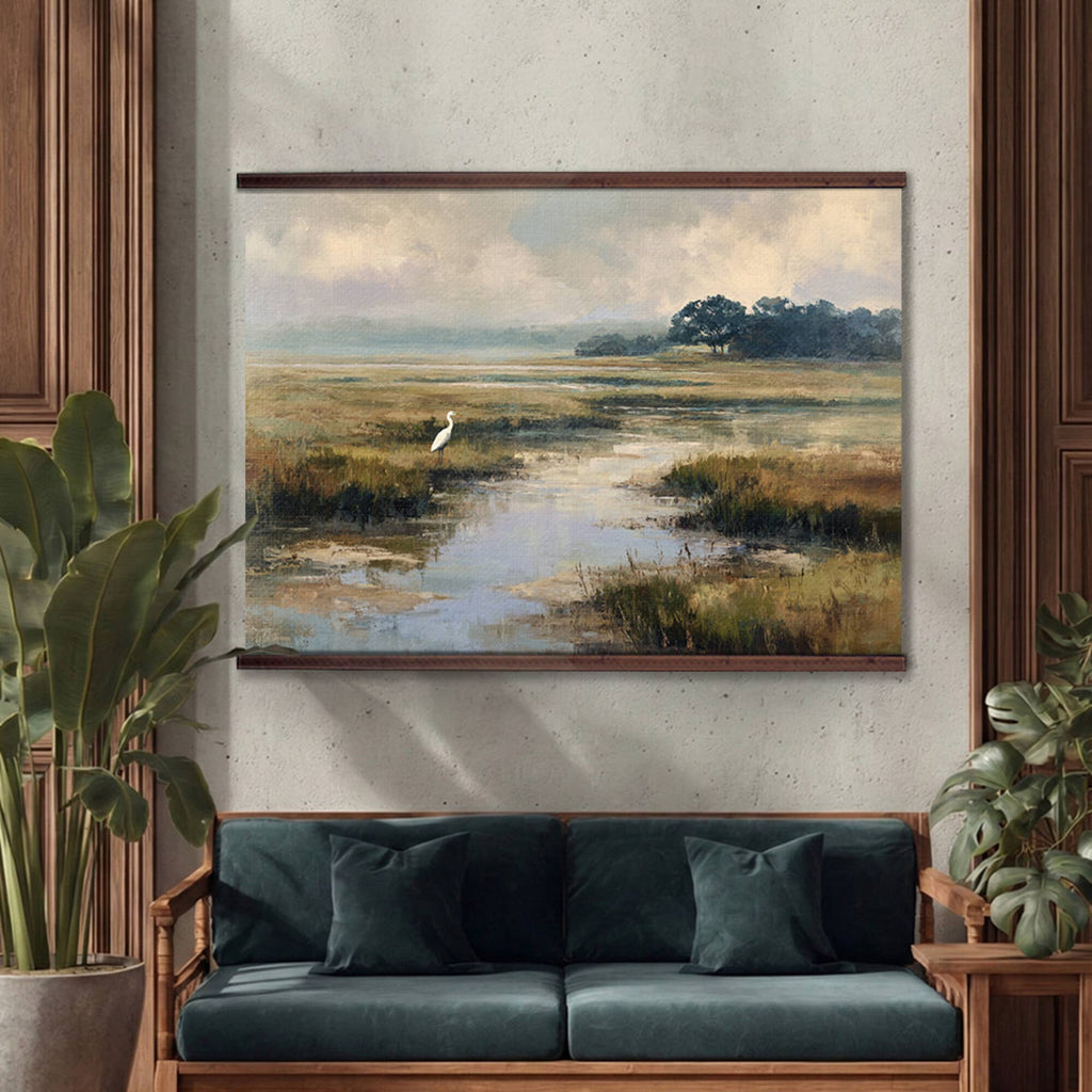 Marsh Egret Wall Art Canvas– Coastal Landscape: 32''Hx48''W