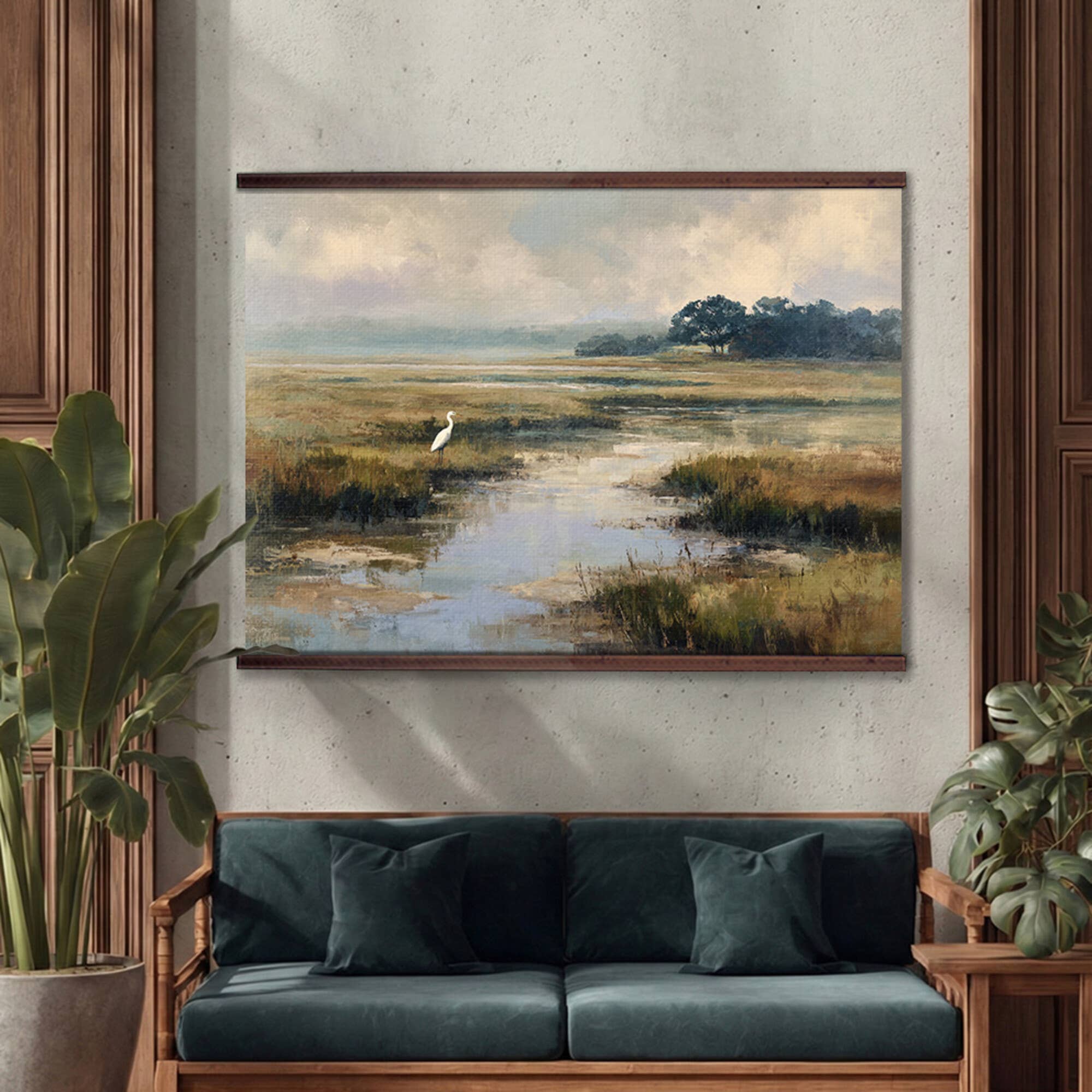 Marsh Egret Wall Art Canvas– Coastal Landscape: 32''Hx48''W