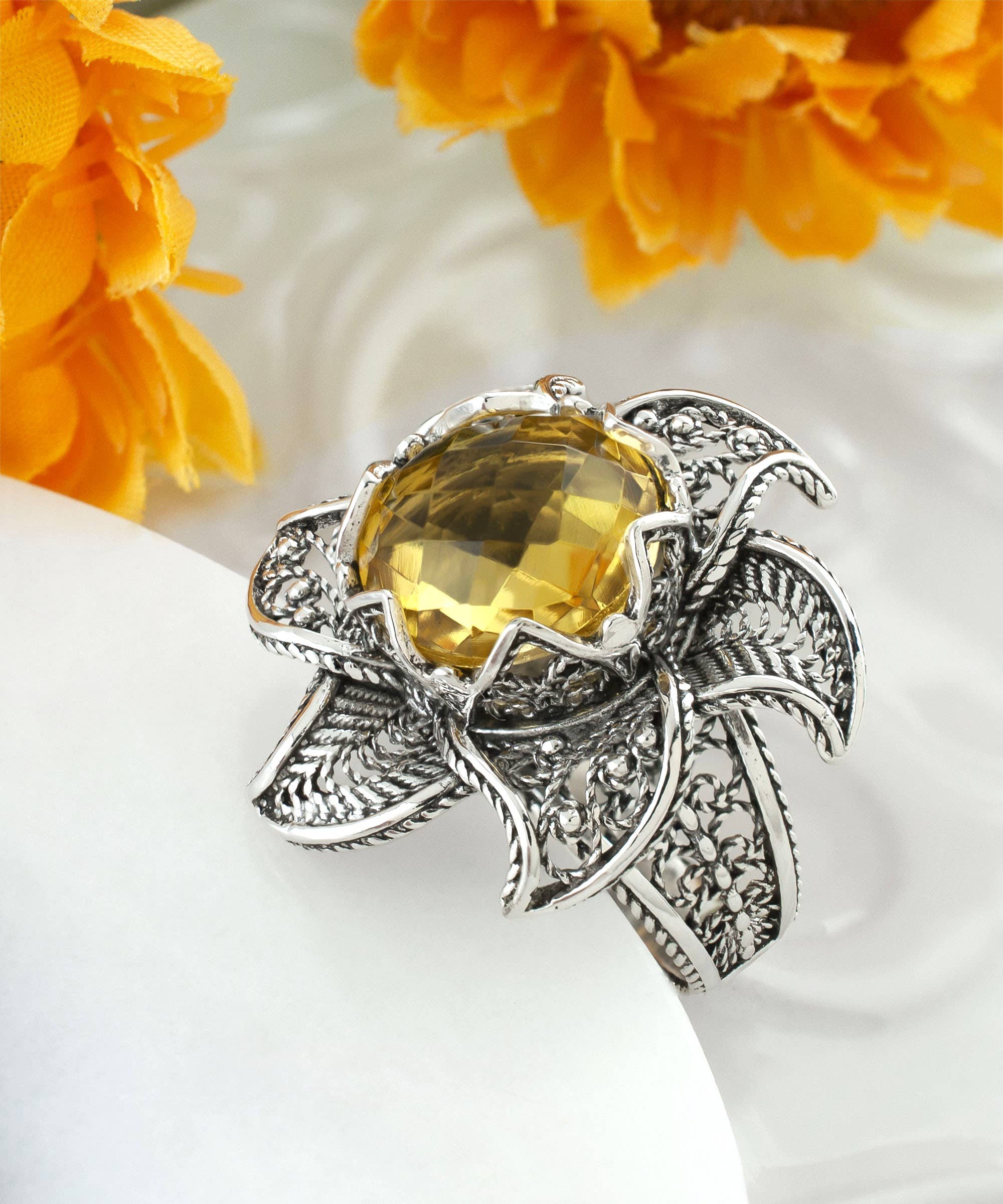 Art Lotus Flower Citrine Gemstone Women Silver Ring: 7