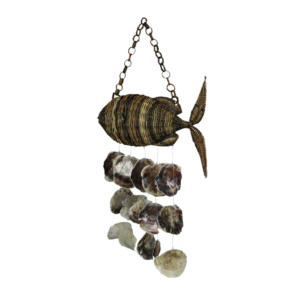 Woven Rattan Fish Shaped Capiz Shell Wind Chime 31 Inch