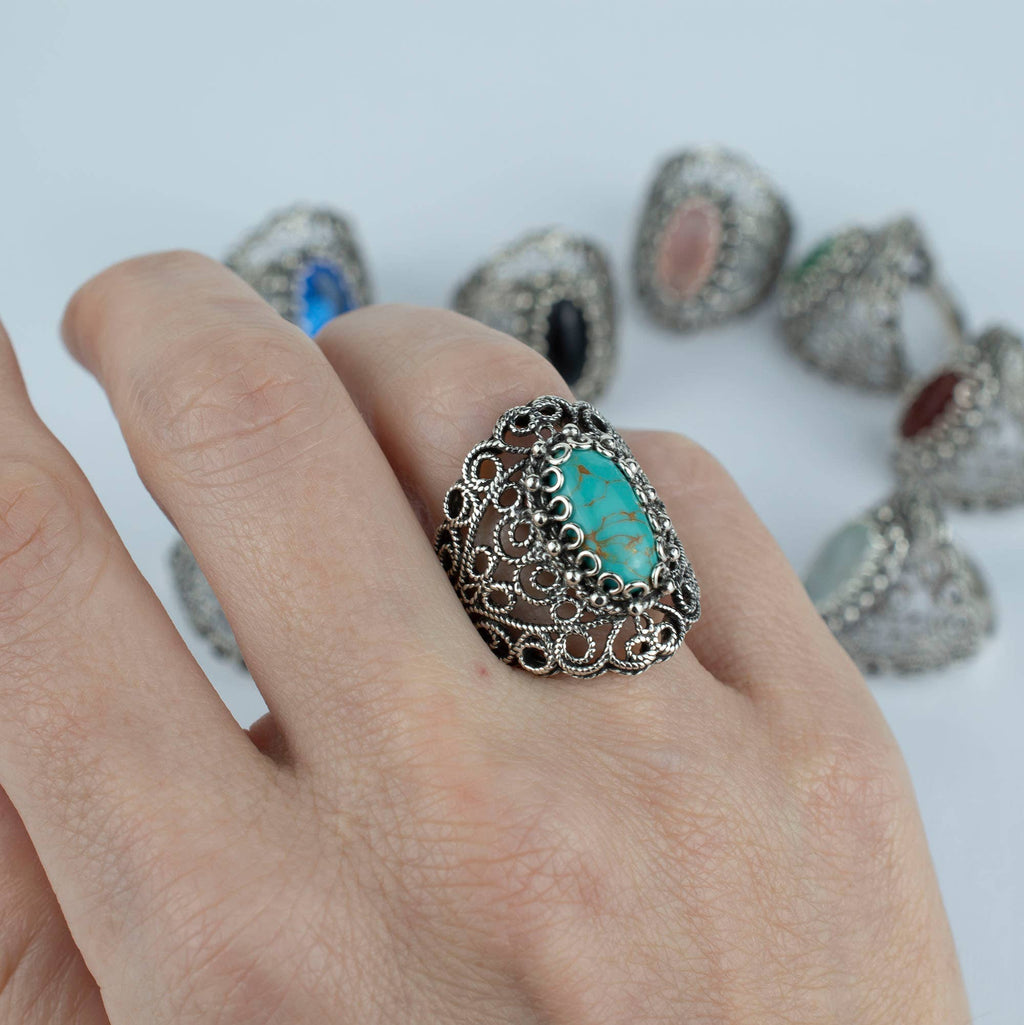 Art Teal Turquoise Gemstone Women Silver Ring: Turquoise / 7