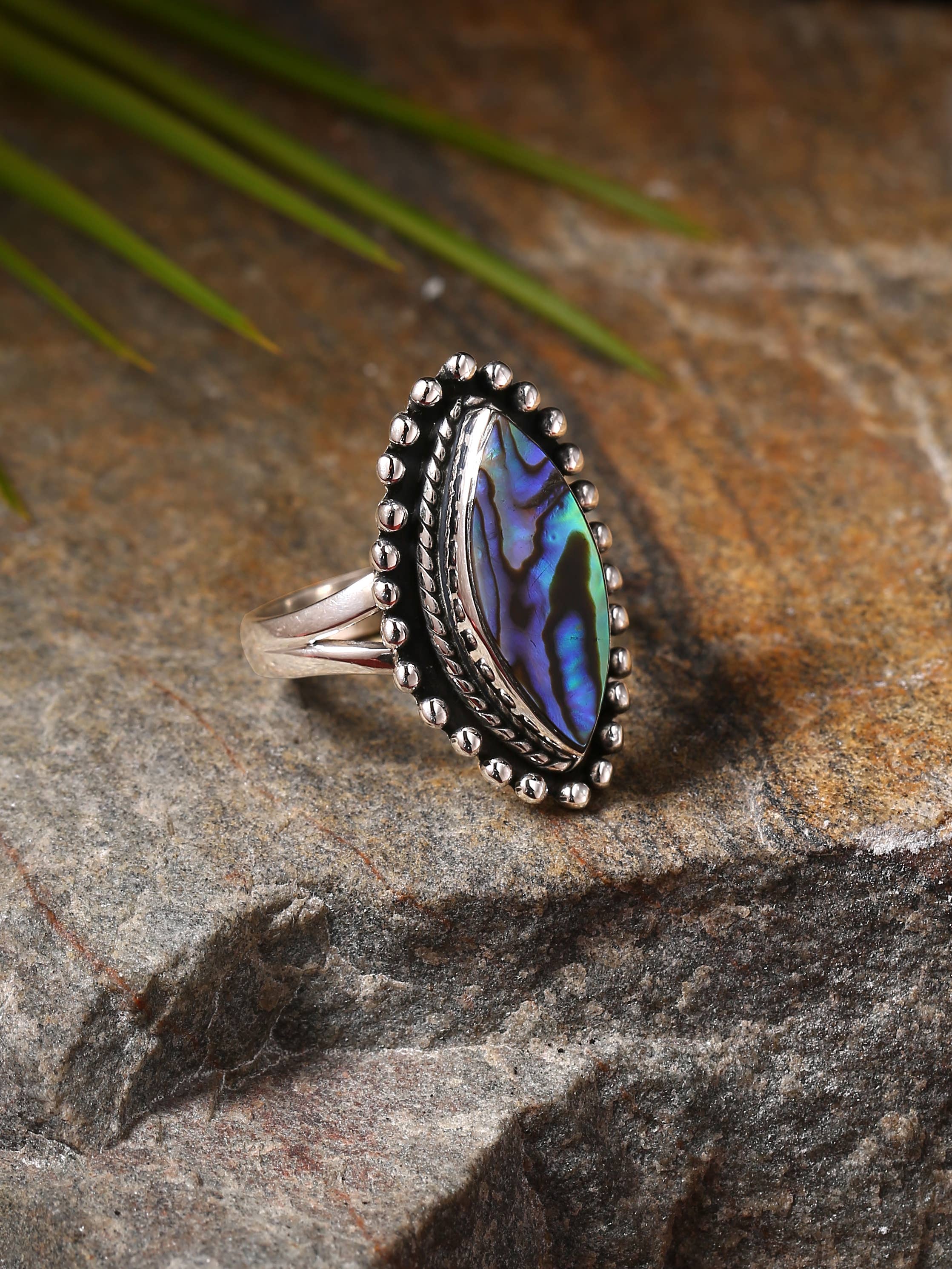 925 Sterling Silver Marquise Abalone Shell Textured Ring: 9