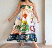 Light Blue Printing XL Women's Strap Dress Vacation Collarless Printing Sleeveless Printing Maxi Long Dress Holiday Beach