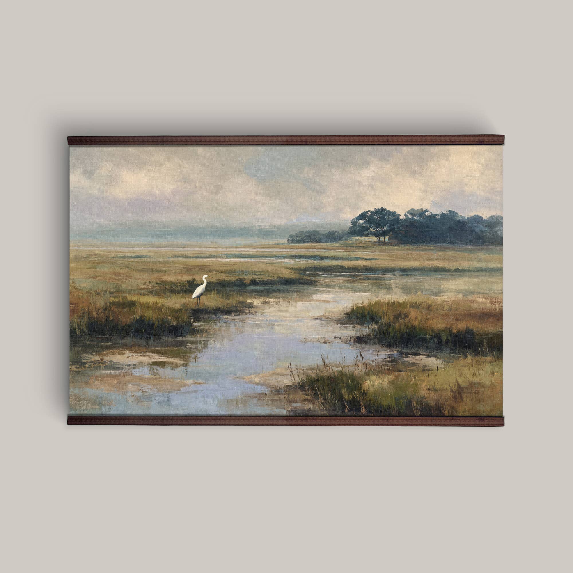 Marsh Egret Wall Art Canvas– Coastal Landscape: 32''Hx48''W