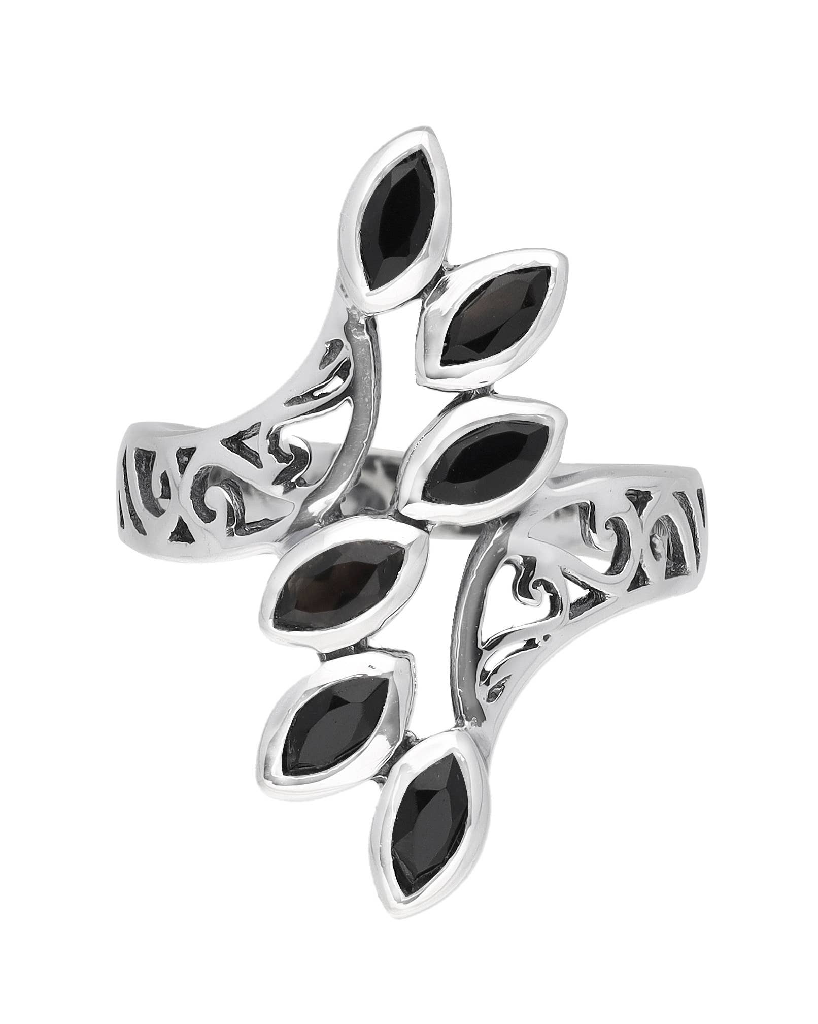 Black Onyx 925 Sterling Silver Leaf Design Ring: 7