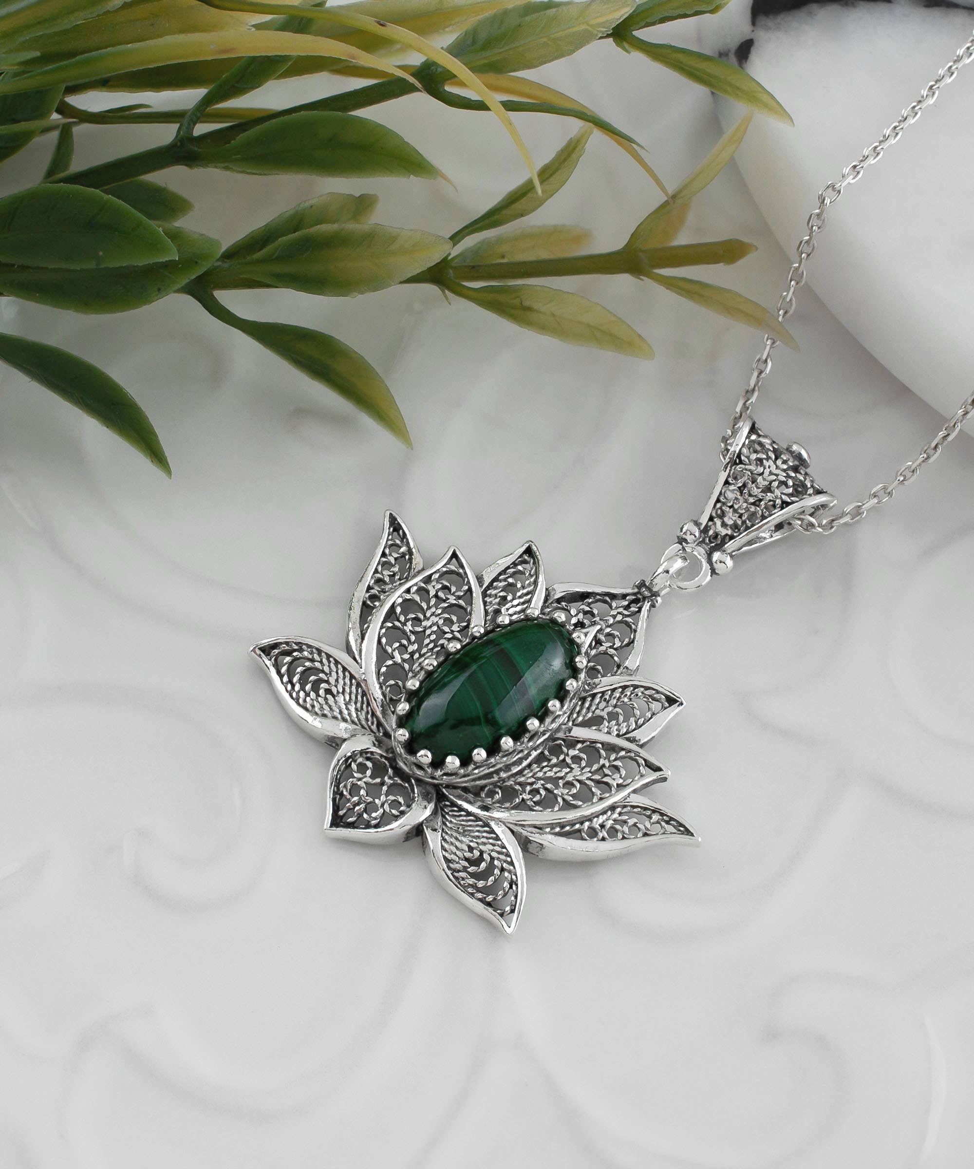 Sterling Silver Filigree Lotus Malachite Gemstone Woman Pendant Necklace: With 20" Silver Chain