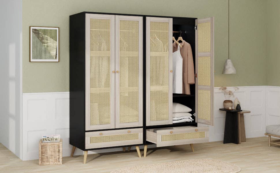 71inH Boho Rattan Armoire Wardrobe with Drawer Natural Black: Default