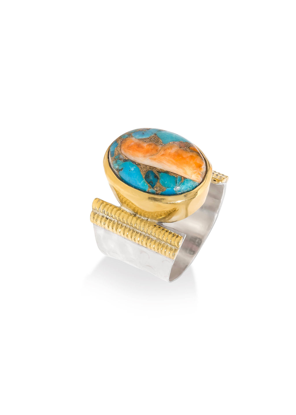 Oyster Turquoise Statement Ring with Textured Silver Band: 9