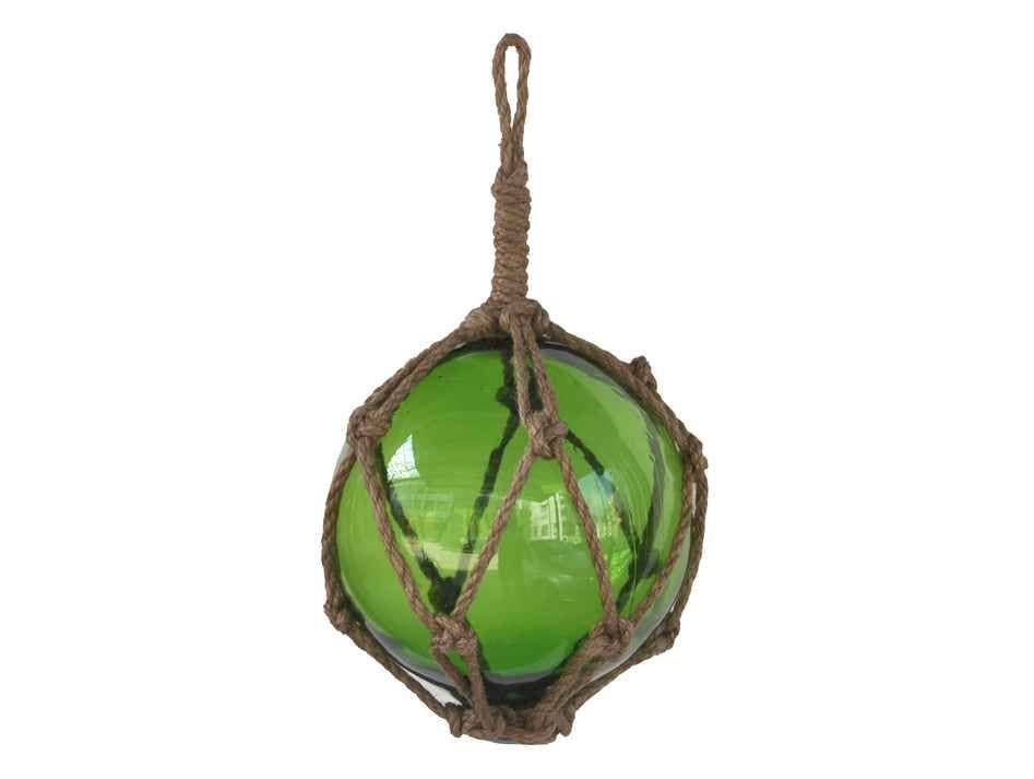 Green Japanese Glass Ball Fishing Float With Brown Netting Decoration 6"