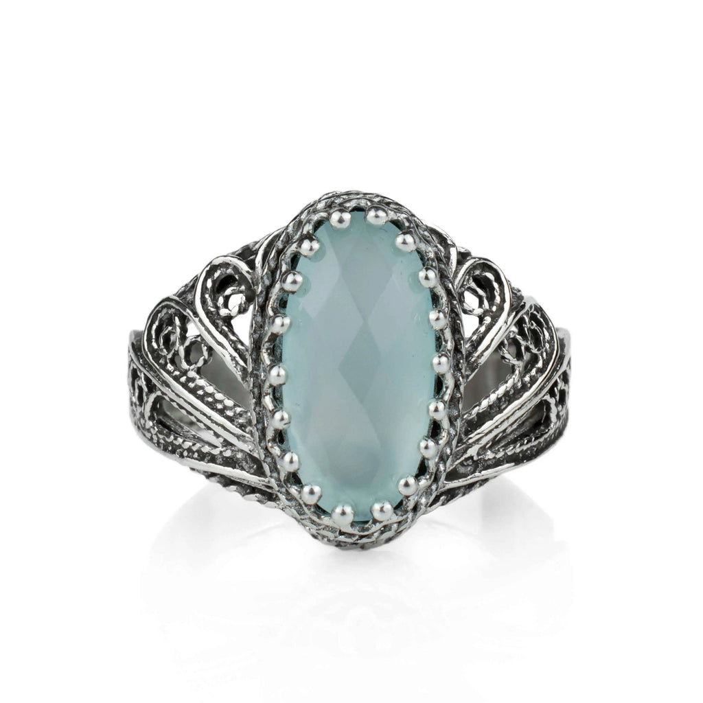 Filigree Art Aqua Chalcedony Gemstone Angel Wings Women Sterling Silver Ring: Aqua Chalcedony / 7