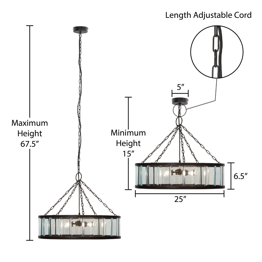 25"W 3-Light Black Metal and Glass Hanging Pendant Lamp