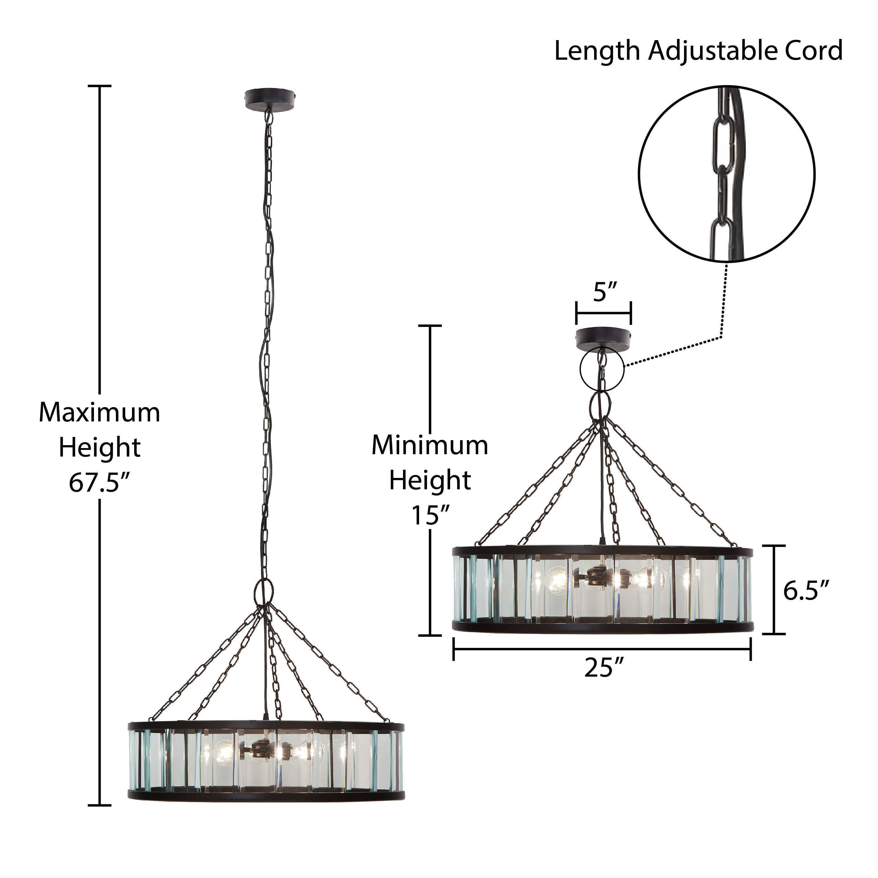 25"W 3-Light Black Metal and Glass Hanging Pendant Lamp