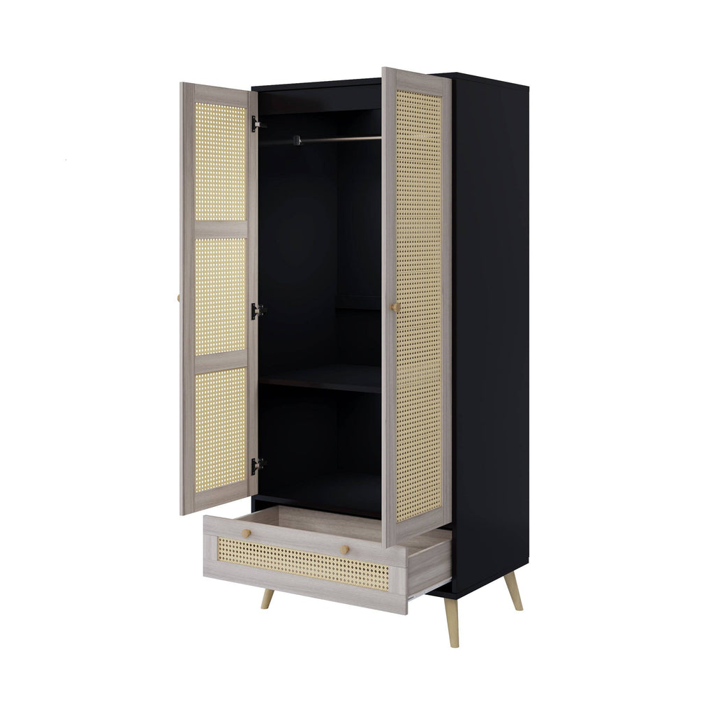 71inH Boho Rattan Armoire Wardrobe with Drawer Natural Black: Default