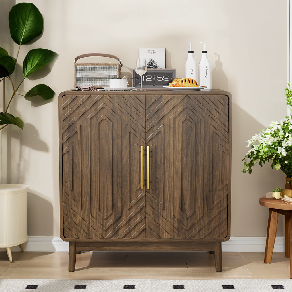 Retro Industrial Walnut Sideboard Buffet -2 Carved Doors: Default