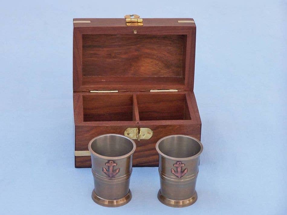 Antique Brass Anchor Shot Glasses With Rosewood Box 4" - Set