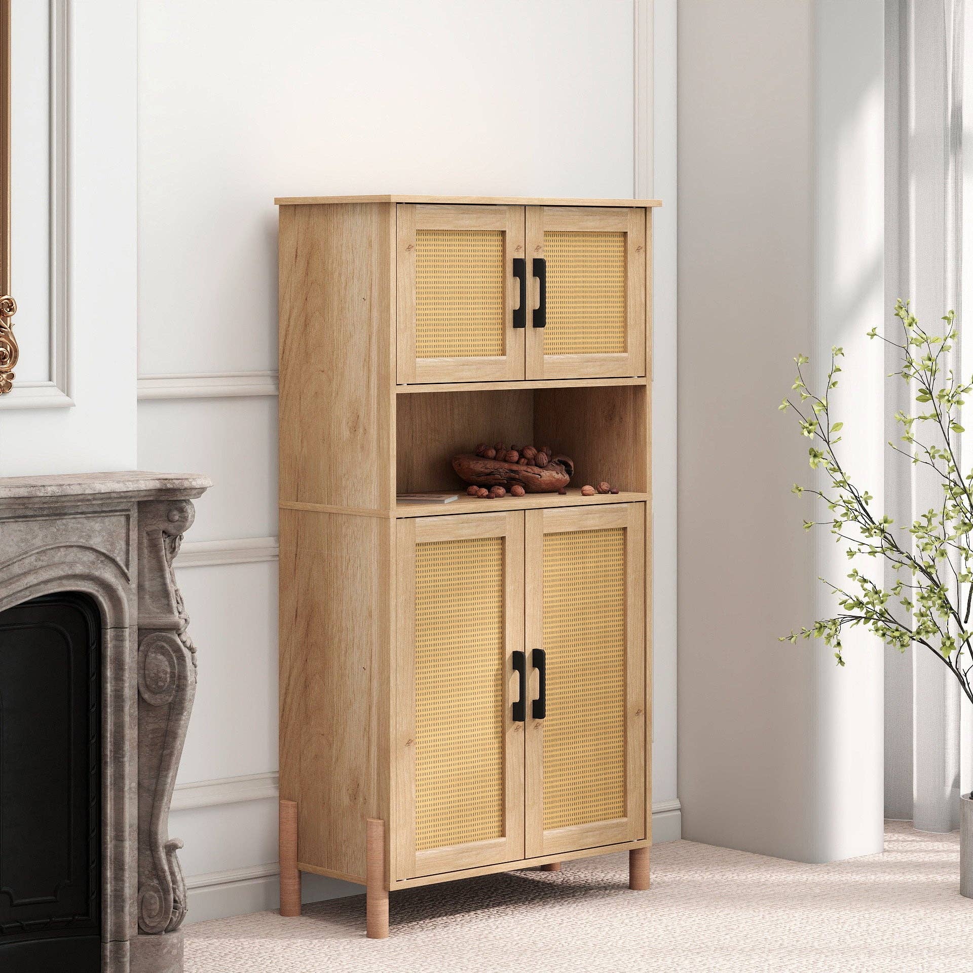 Mid-Century Modern 4-Door Storage Cabinet with Rattan Doors