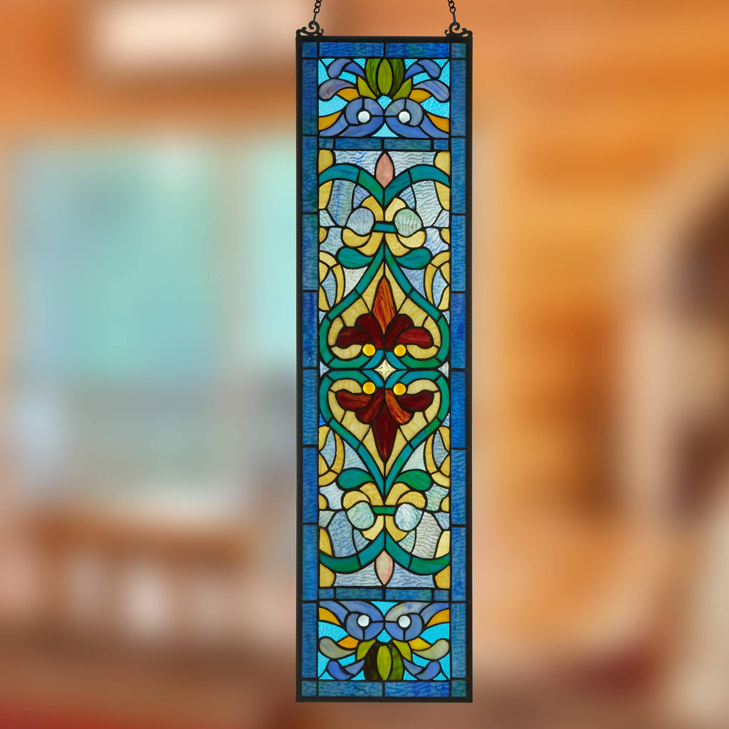 36" Lani Victorian Fleur-De-Lis Stained Glass Window Panel: Blue