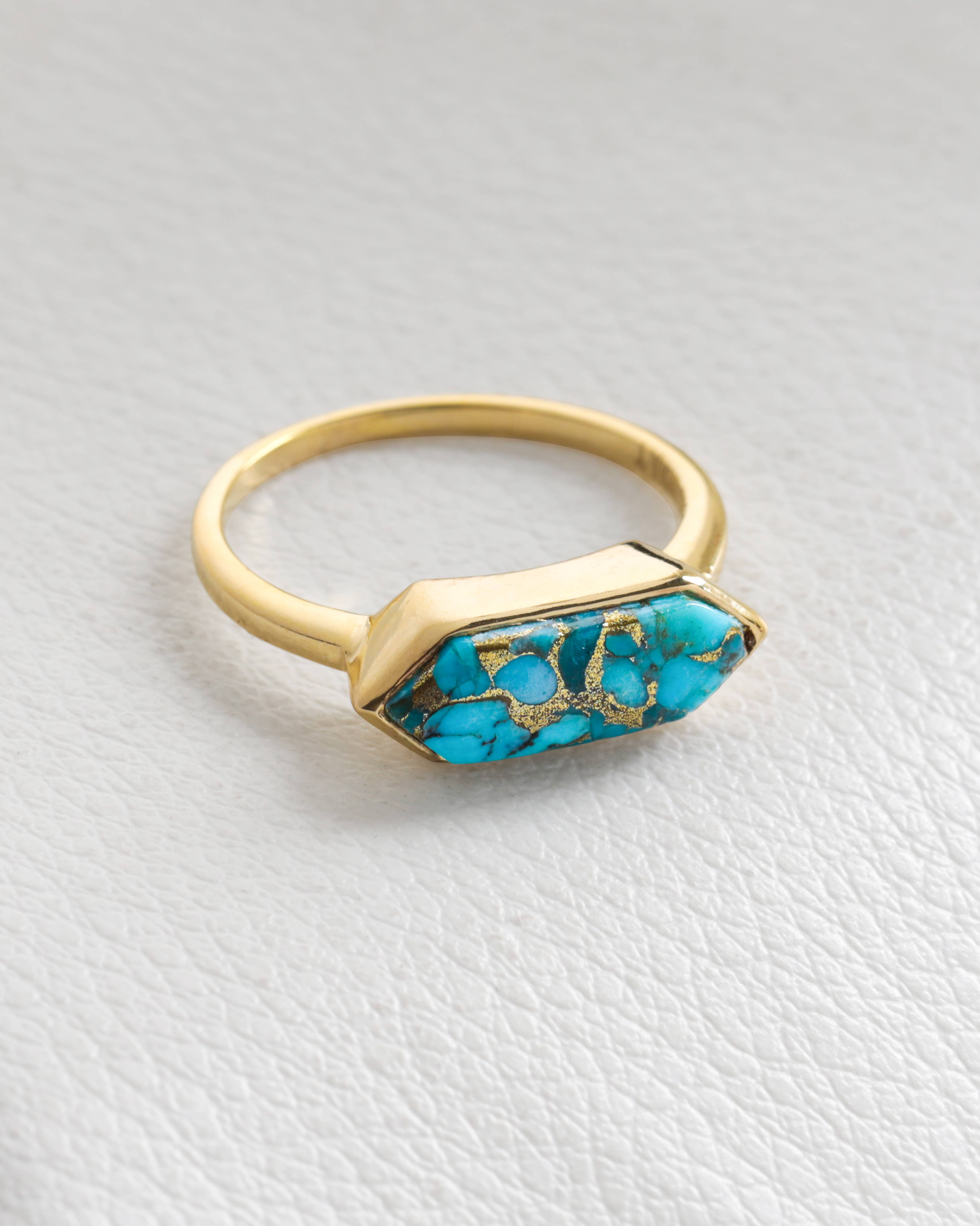 Gold Plated Over Silver Blue Copper Turquoise HexaGlow Ring: 8