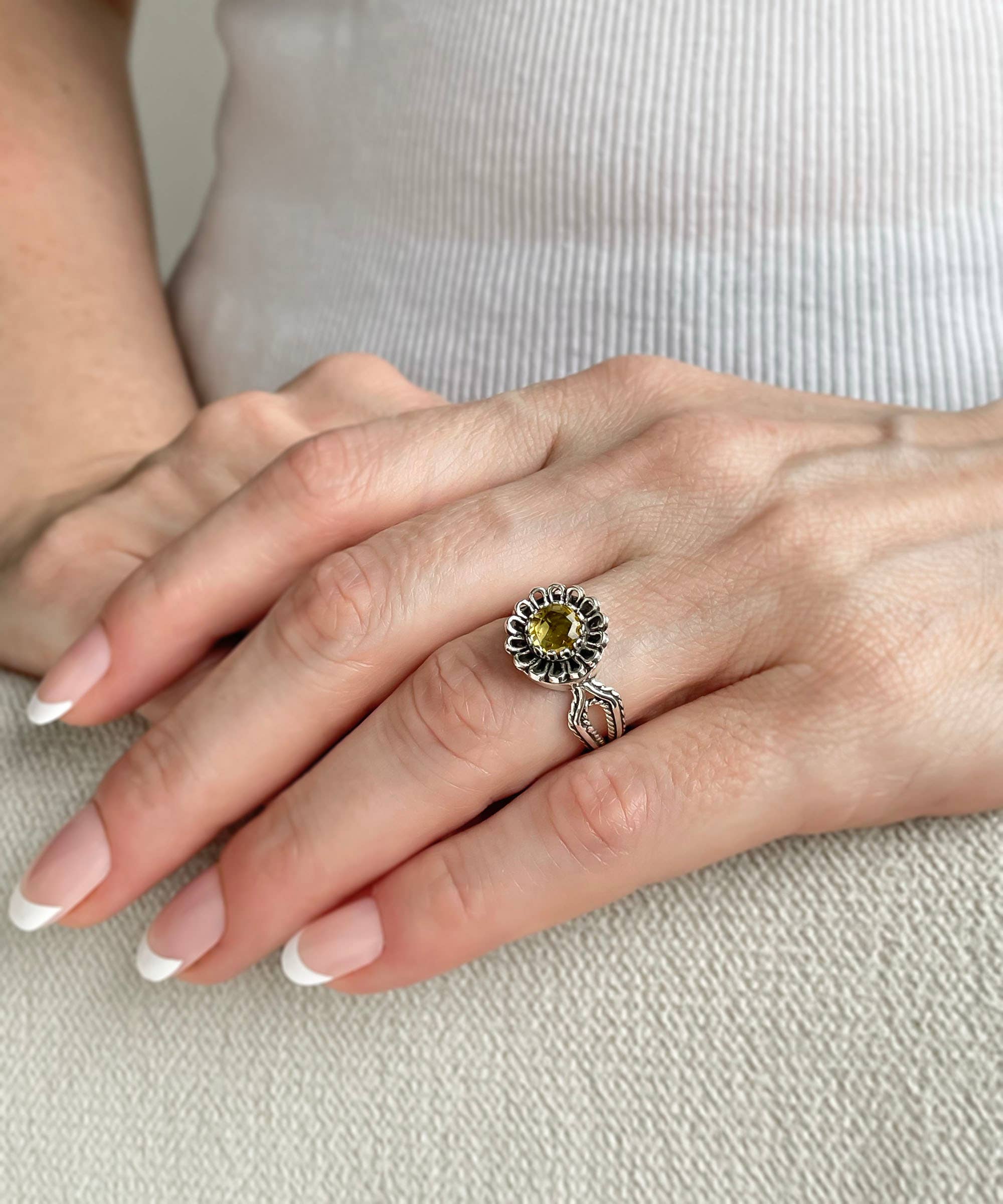 Art Dainty Citrine Gemstone Women Silver Ring: 7