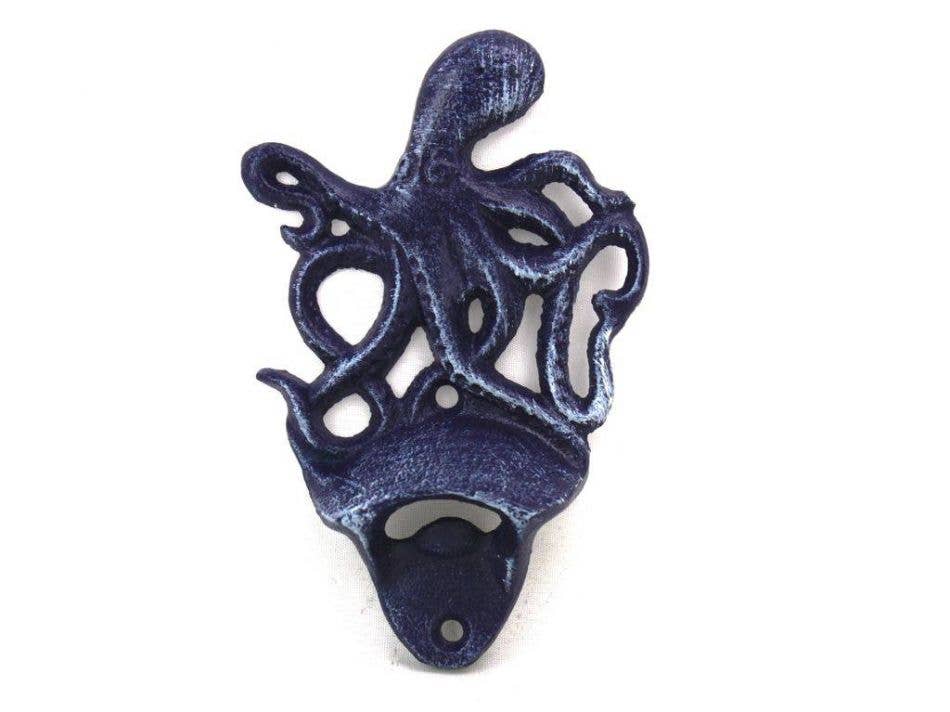 Rustic Dark Blue Cast Iron Wall Mounted Octopus Bottle Opener 6"