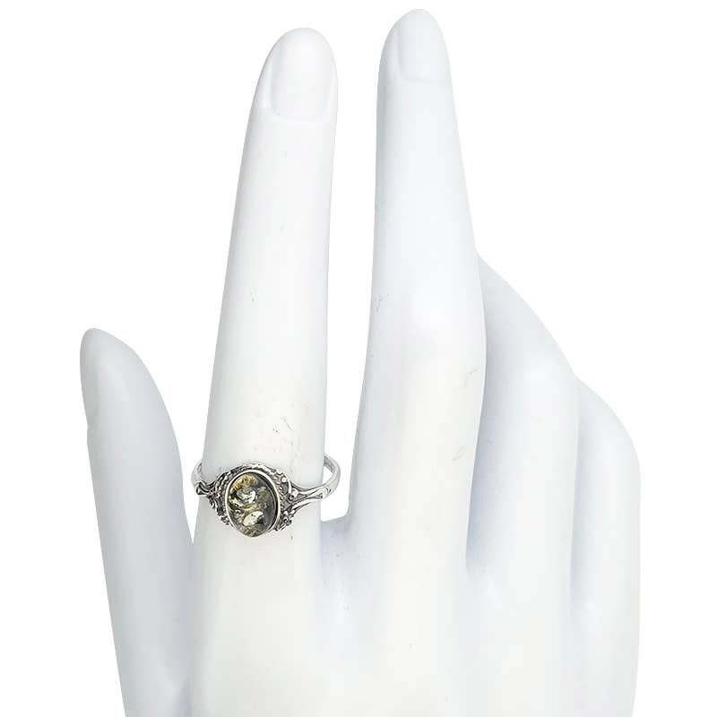 Green Amber Sterling Silver Ring: 9