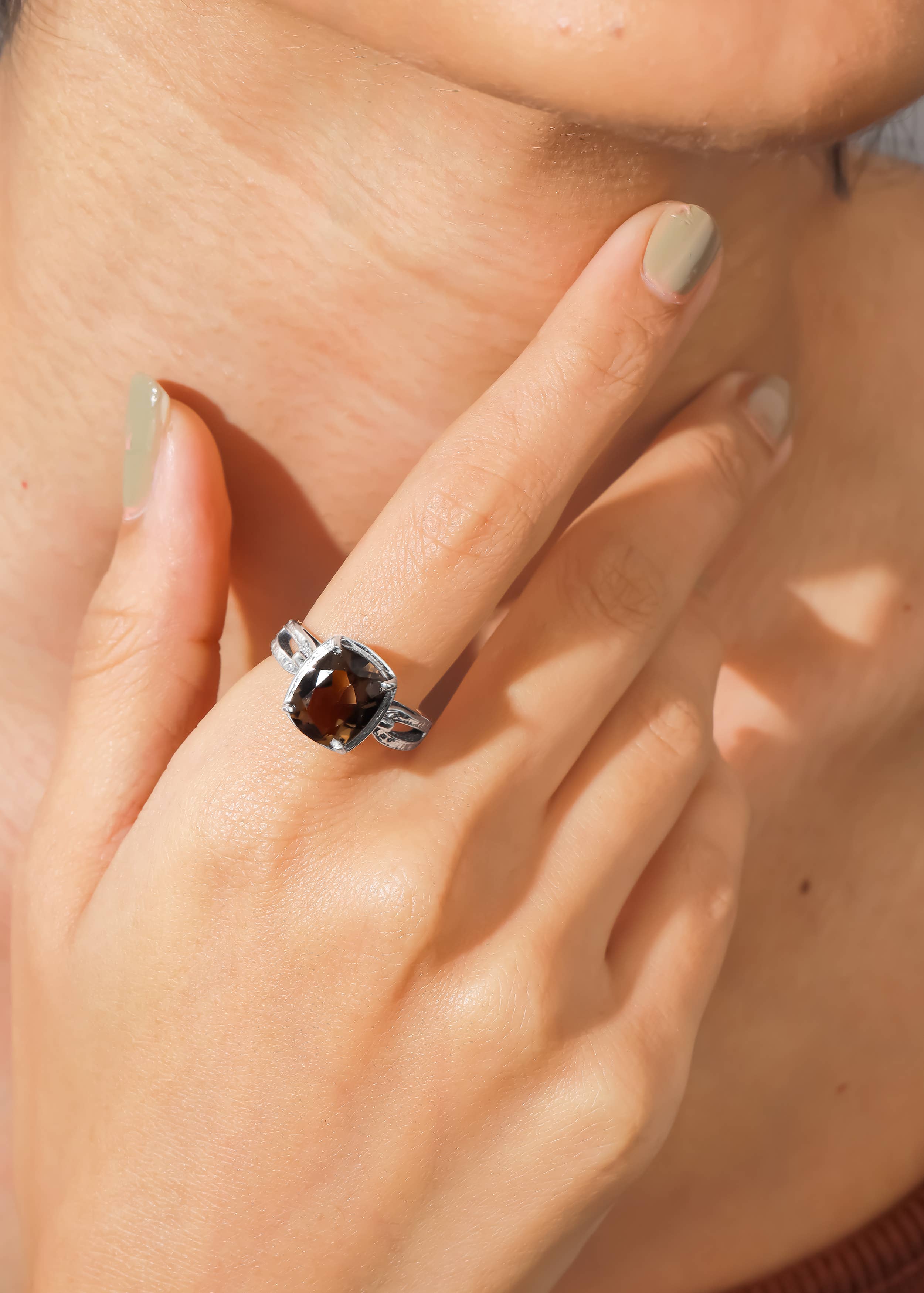 925 Silver Shadow Flame Smoky Quartz Textured Ring: 10
