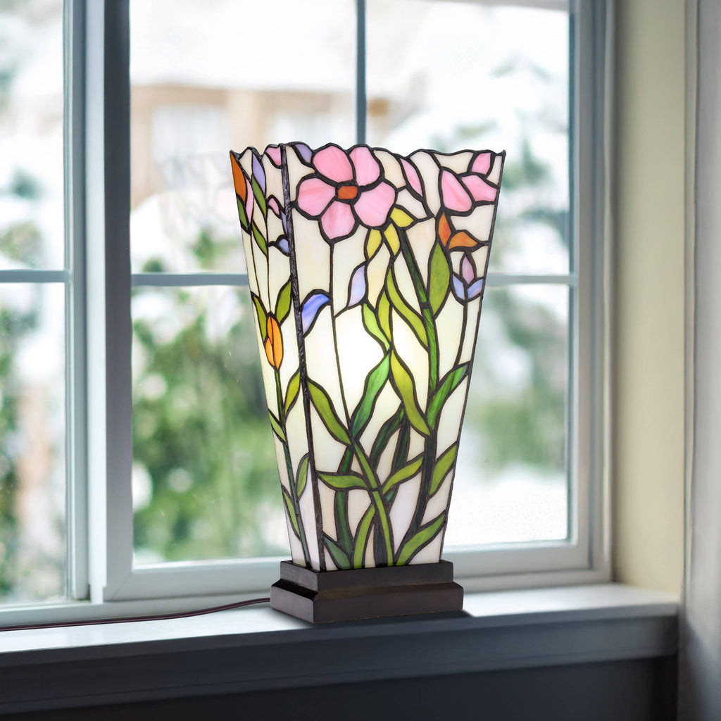 15.5" Floral Stained Glass Vase-Shaped Table Lamp