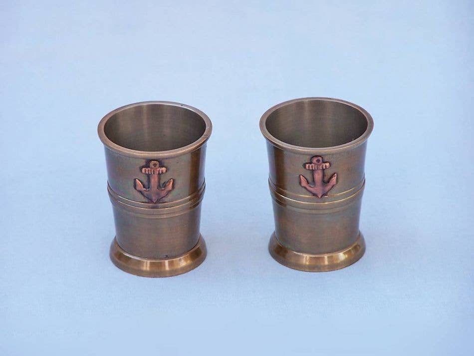 Antique Brass Anchor Shot Glasses With Rosewood Box 4" - Set