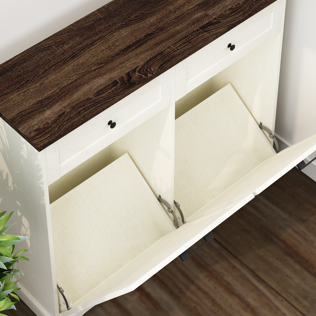 20 Gallon Double Tilt Out Trash Can Cabinet Freestanding Trash Bin Cabinet Wood Garbage Recycling Cabinet with Hideaway Drawer Pet Proof Trash Can Holder for Kitchen Living Room, Antique White: Default