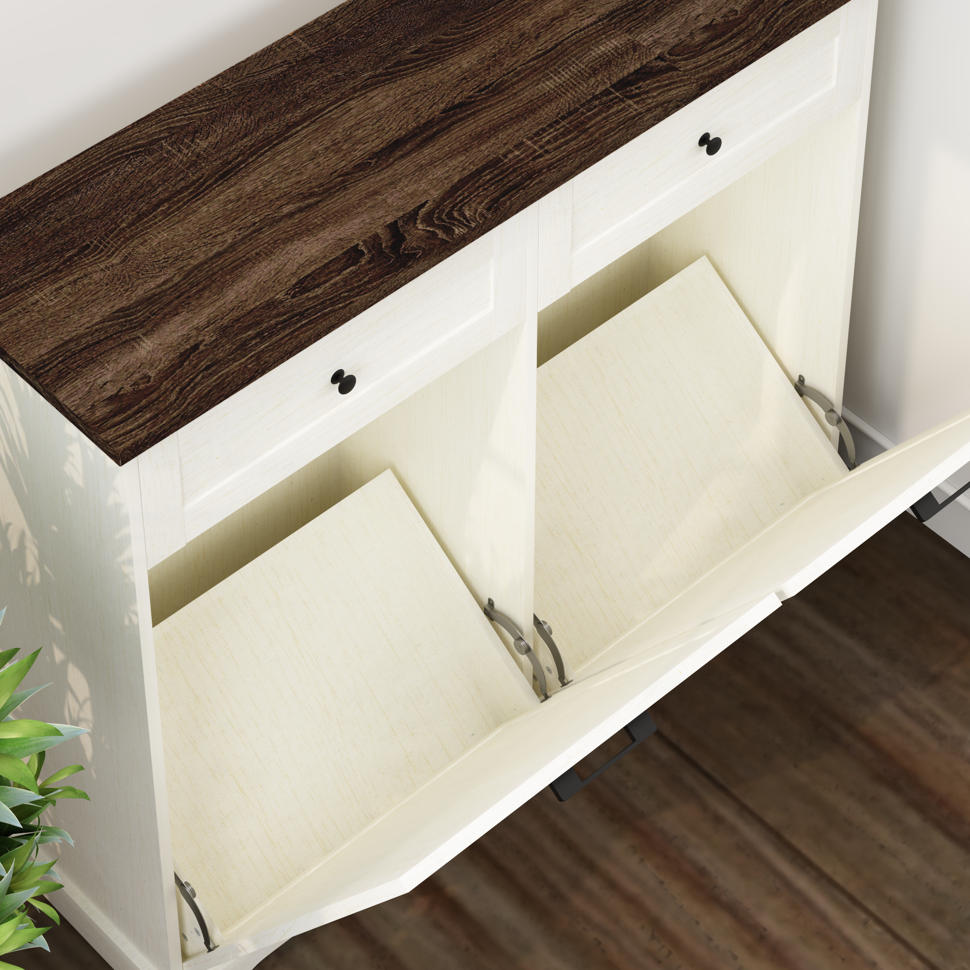 20 Gallon Double Tilt Out Trash Can Cabinet Freestanding Trash Bin Cabinet Wood Garbage Recycling Cabinet with Hideaway Drawer Pet Proof Trash Can Holder for Kitchen Living Room, Antique White: Default