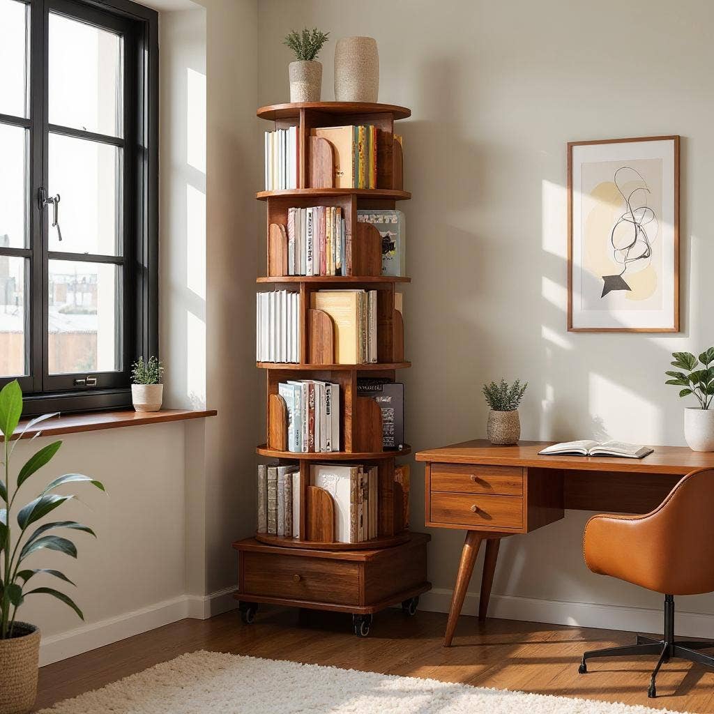 Rotating Wooden Bookcase with Storage Drawer,Swivel Design: White / 5-Tier