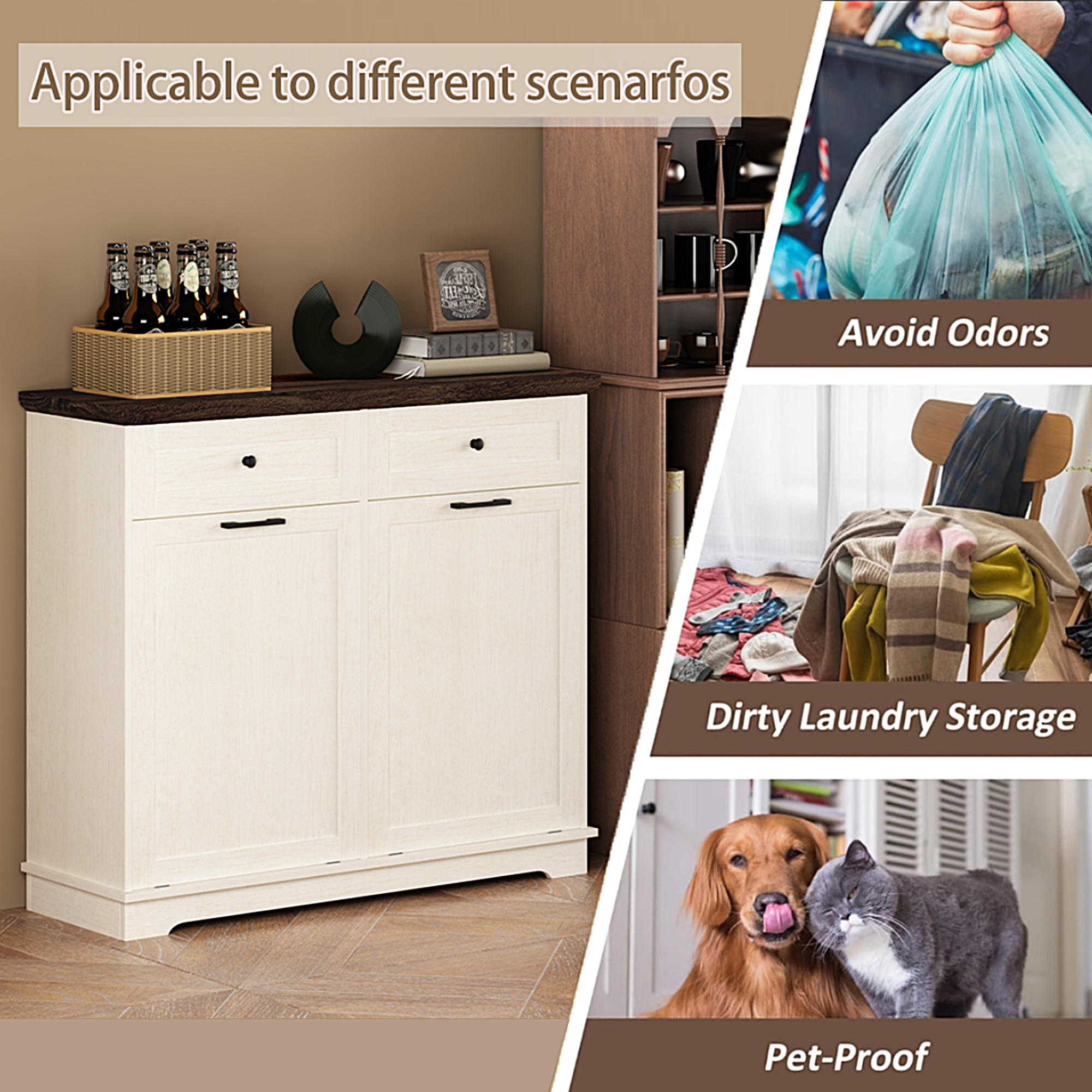 20 Gallon Double Tilt Out Trash Can Cabinet Freestanding Trash Bin Cabinet Wood Garbage Recycling Cabinet with Hideaway Drawer Pet Proof Trash Can Holder for Kitchen Living Room, Antique White: Default