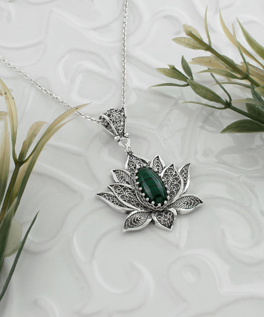 Sterling Silver Filigree Lotus Malachite Gemstone Woman Pendant Necklace: With 20" Silver Chain