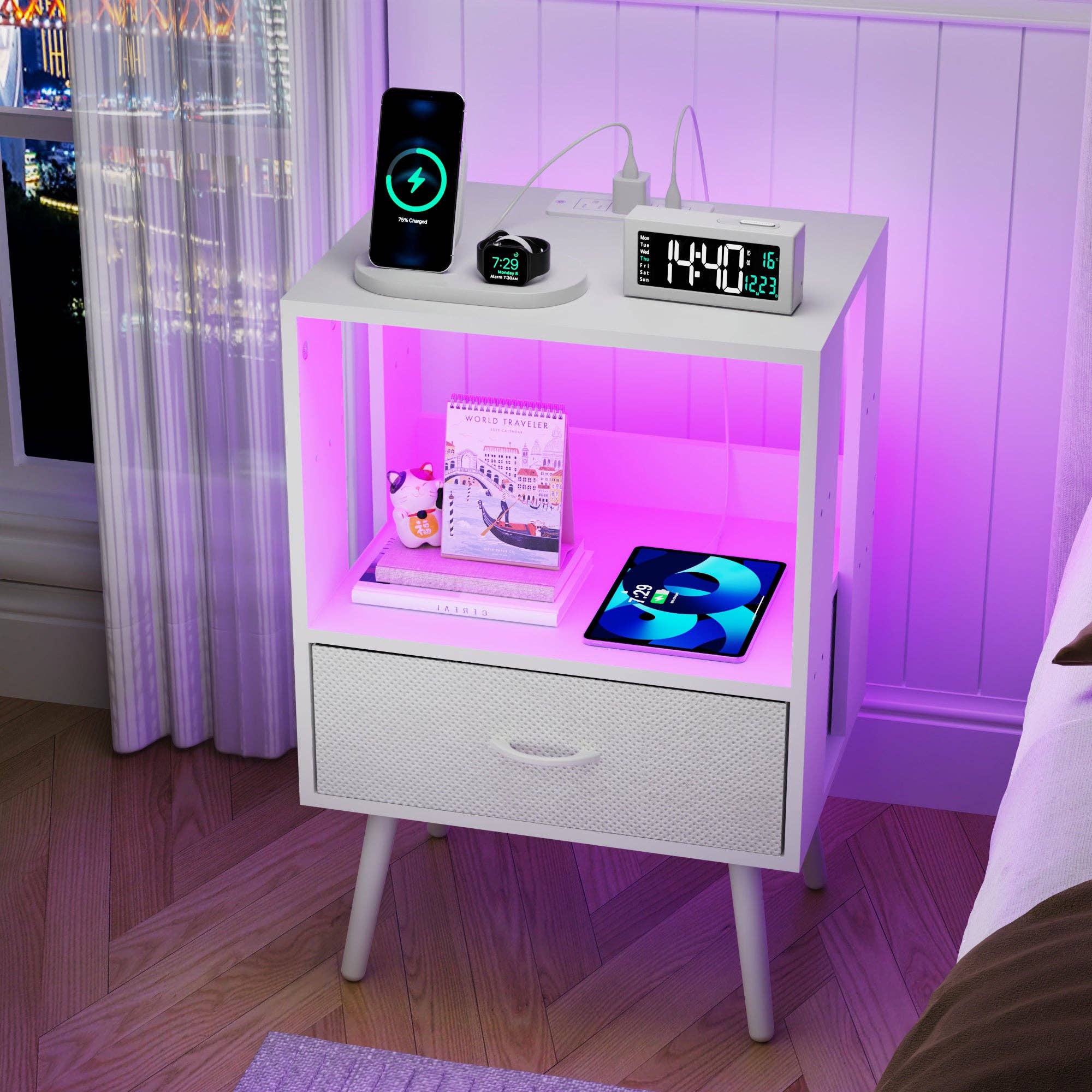 2-Pack Modern Nightstand with Charging Station, White: Default