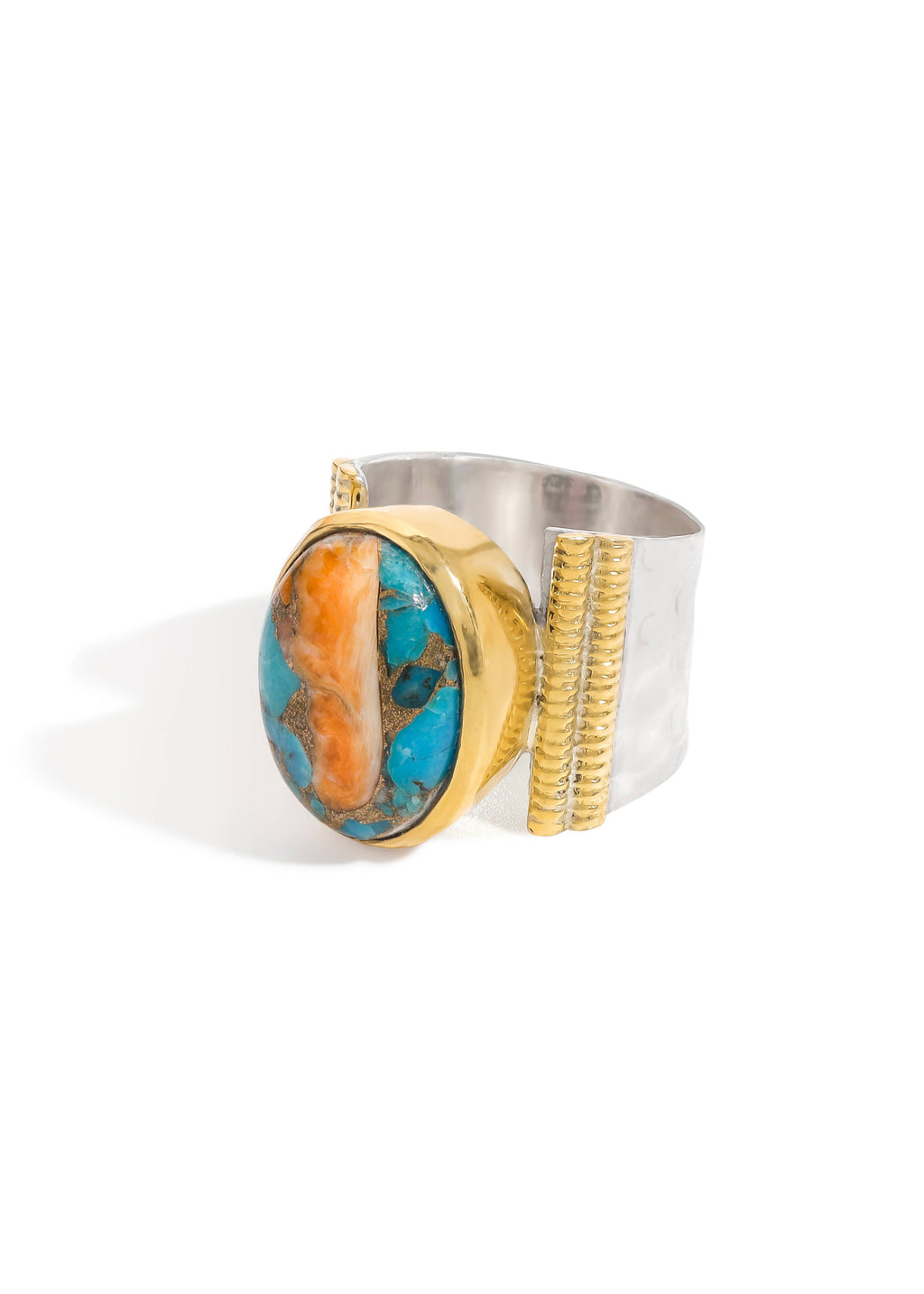 Oyster Turquoise Statement Ring with Textured Silver Band: 9