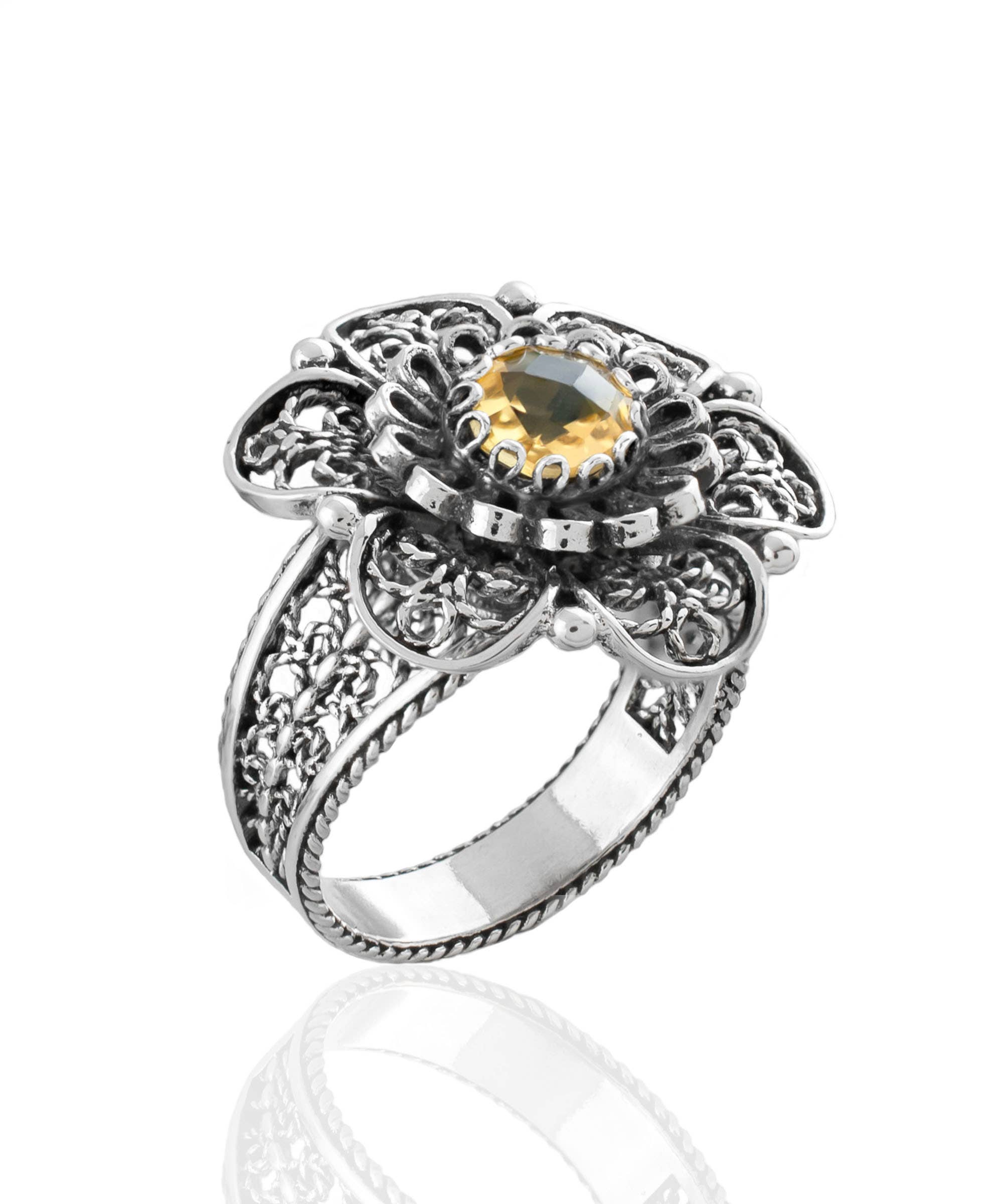 Art Citrine Gemstone Flower Women Silver Ring: 7