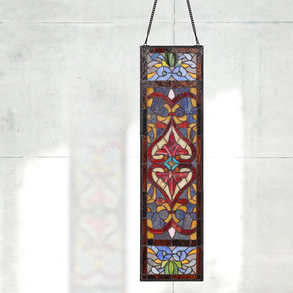 36" Lani Victorian Fleur-De-Lis Stained Glass Window Panel: Blue