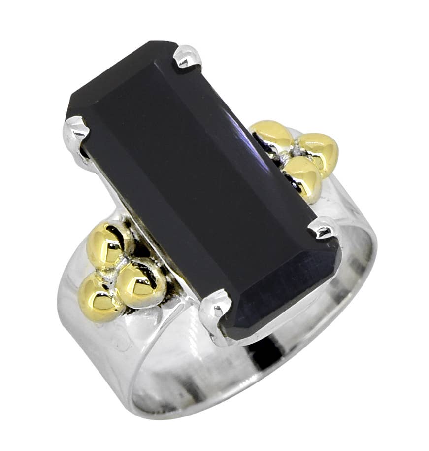 Black Onyx Ring 925 Sterling Silver With Brass Accents: 7