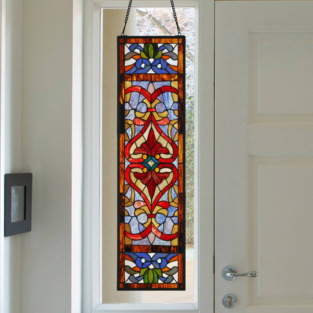 36" Lani Victorian Fleur-De-Lis Stained Glass Window Panel: Blue