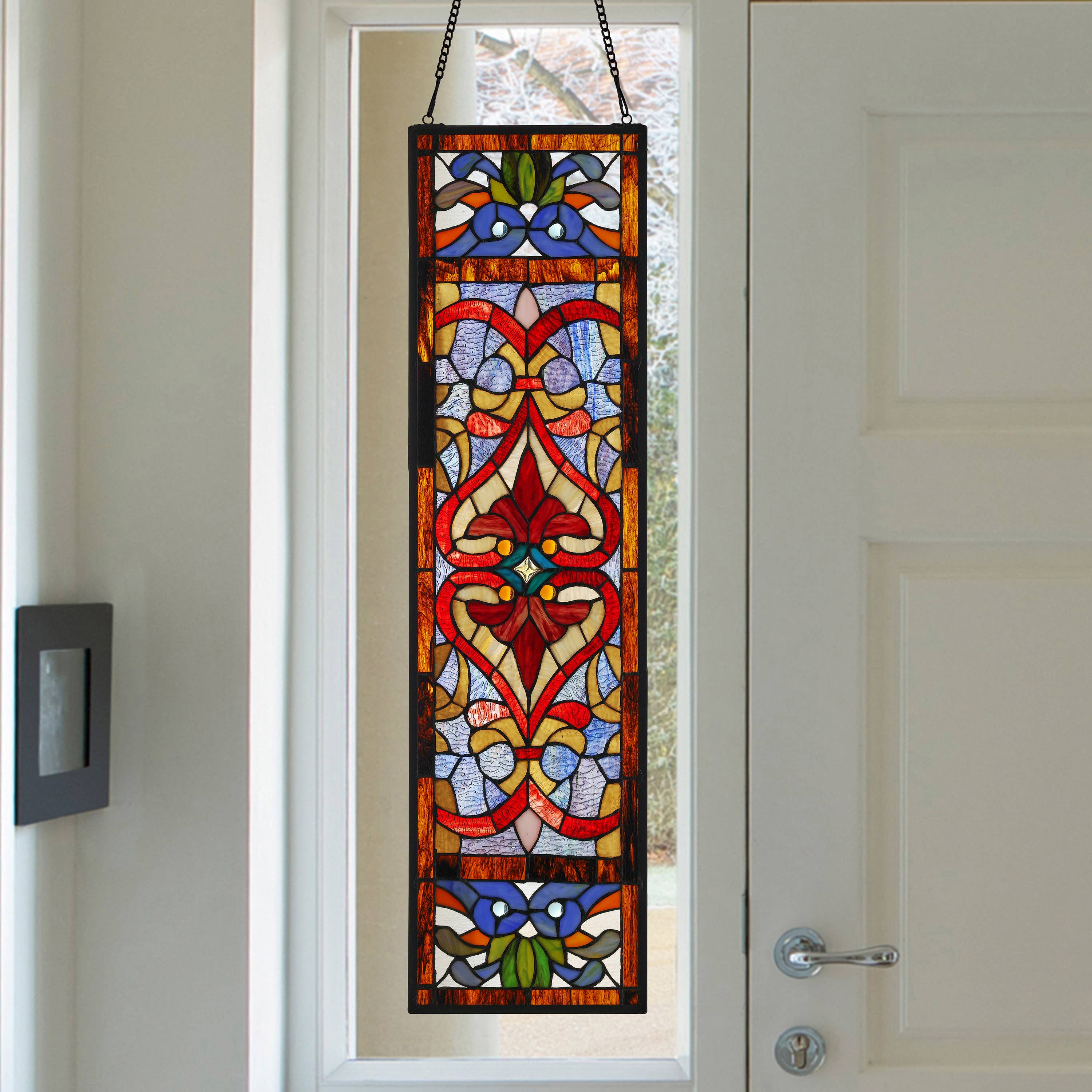 36" Lani Victorian Fleur-De-Lis Stained Glass Window Panel: Blue
