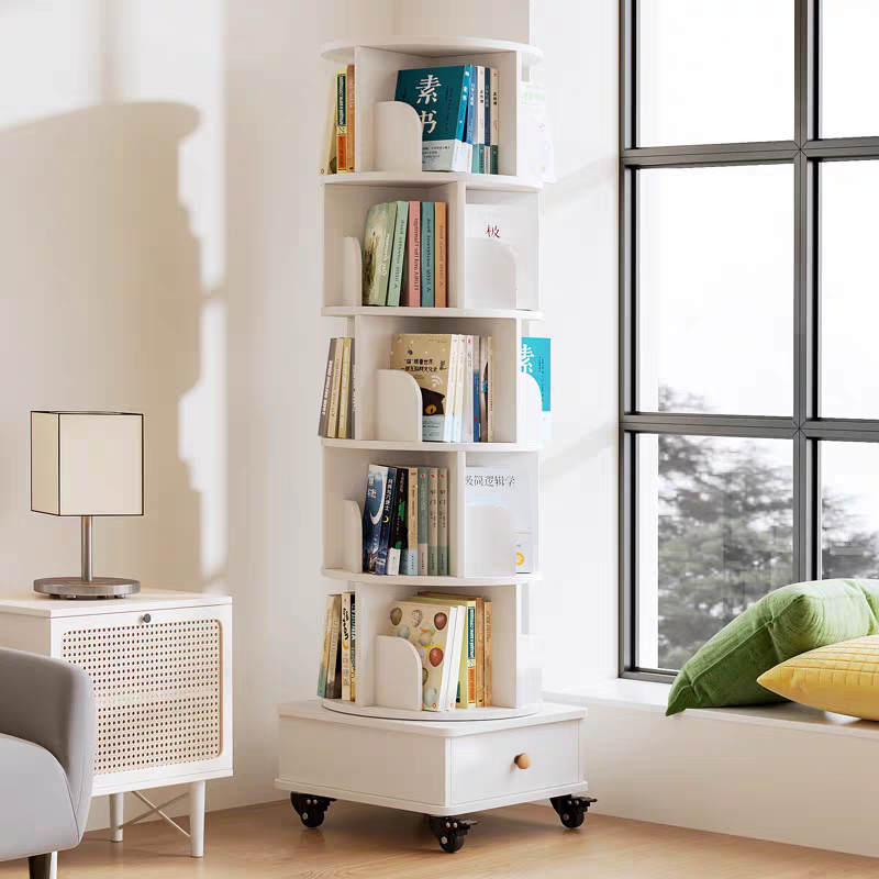 Rotating Wooden Bookcase with Storage Drawer,Swivel Design: White / 5-Tier