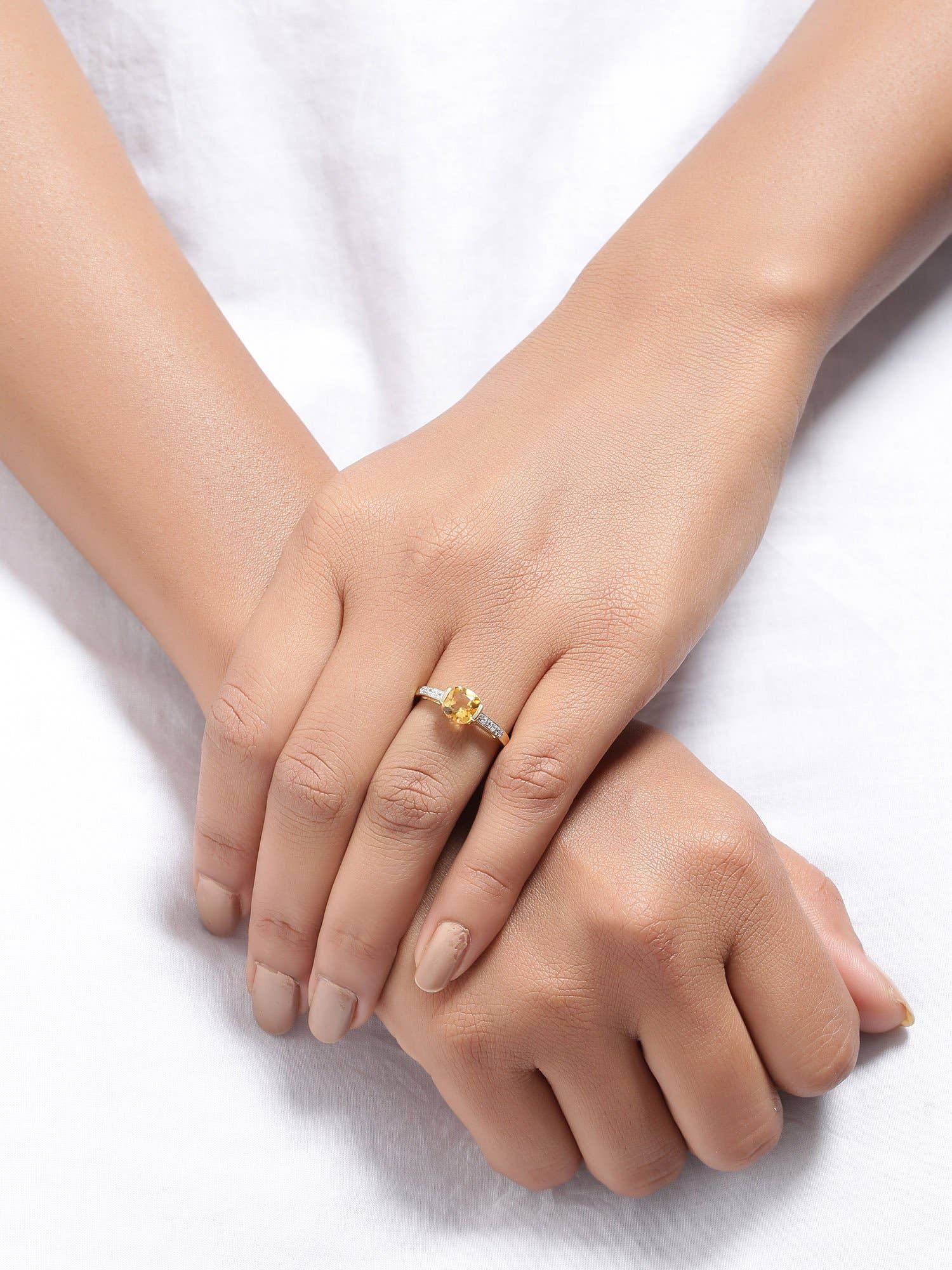 10K Yellow Gold Cushion-Cut Citrine Round White Topaz Ring: 8